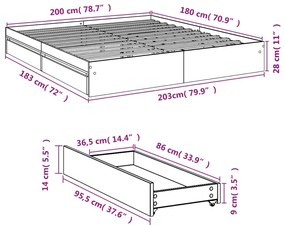 Πλαίσιο Κρεβατιού με συρτάρια Καφέ δρυς 180x200 εκ. Επεξ. Ξύλο - Καφέ