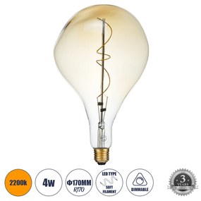 GloboStar® 99175 Λάμπα LED Soft S Spiral Filament E27 R170 ROCK Γλόμπος 4W 280lm 360° AC 220-240V IP20 Φ16.5 x Υ28cm Ultra Θερμό Λευκό 2200K με Μελί Γυαλί Dimmable - 3 Χρόνια Εγγύηση