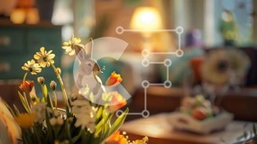 Intra Συλλεκτικό Ξύλινο Παζλ Plywood  4mm - Ειδώλιο λαγουδάκι του Πάσχα και λουλούδια στο σαλόνι Σε Ξύλινο Κουτί - Διαστάσεις Puzzle: 10x10 cm – 25 κομμάτια