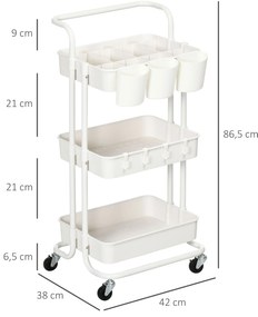 HOMCOM Τροχήλατο Καρότσι, Καρότσι Σερβιρίσματος, 3 Καλάθια Αποθήκευσης, 3 Κρεμαστά Κουτιά, 4 Γάντζοι, Μεταλλικό Πλαίσιο, 42 x 38 x 86,5cm, Λευκό