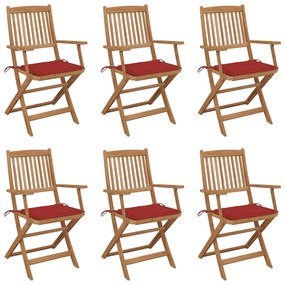 Καρέκλες Κήπου Πτυσσόμενες 6 τεμ Μασίφ Ξύλο Ακακίας &amp; Μαξιλάρια - Κόκκινο