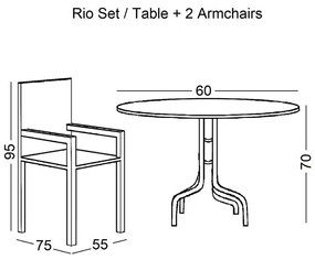 Set Rio Κήπου - Βεράντας : Τραπέζι + 2 Πολυθρόνες Μέταλλο Καφέ / Textilene Καφέ . Διάσταση: Table:Φ60x70 ArmChair:55x72x89