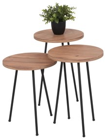 SET OF 3 ROUND SIDE TABLES KISSA  MELAMINE IN NATURAL WOOD COLOR-BLACK METAL LEGS