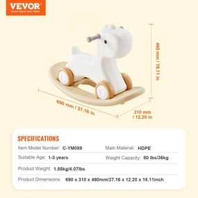 VEVOR 3 in 1 Rocking Horse for Toddlers 1-3 Years, Baby Rocking Horse with Detachable Balance Board and 4 Smooth Wheels, Support up to 80 lbs HDPE Material Kids Ride on Toy, 40° Swinging, White