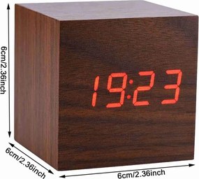 Ξύλινο Επιτραπέζιο Ψηφιακό Ρολόι, Ξυπνητήρι, Θερμόμετρο με οθόνη LED - Καφέ