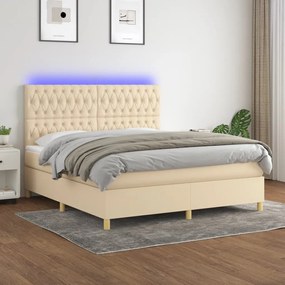 Κρεβάτι Boxspring με Στρώμα &amp; LED Κρεμ 160x200 εκ. Υφασμάτινο - Κρεμ