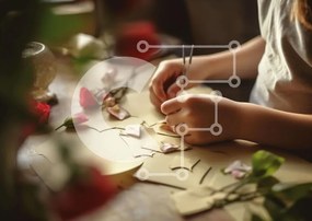 Intra Συλλεκτικό Ξύλινο Παζλ Plywood  4mm - Νεαρό κορίτσι που κατασκευάζει λουλούδια από χαρτί Σε Ξύλινο Κουτί - Διαστάσεις Puzzle: 10x10 cm – 25 κομμάτια