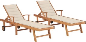 vidaXL Ξαπλώστρες 2 τεμ. από Μασίφ Ξύλο Teak με Κρεμ Μαξιλάρια