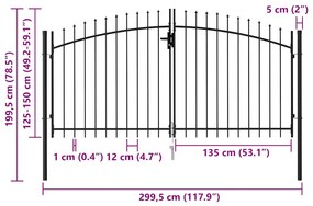vidaXL Καγκελόπορτα Διπλή με Ακίδες Μαύρη 3 x 1,5 μ. Ατσάλινη