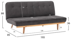 Καναπές - Κρεβάτι Τριθέσιος Βελούδο Γκρί 193x85x88Υ εκ. 193x85x88 εκ.