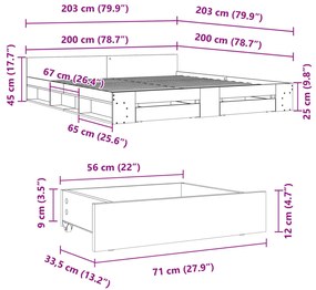 Πλαίσιο Κρεβατιού με συρτάρια Γκρι Σκυρ. 200x200 εκ. Επεξ. Ξύλο - Γκρι