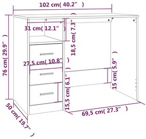 Γραφείο με Συρτάρια Γκρι Σκυροδέματος 102x50x76 εκ. Επεξ. Ξύλο - Γκρι