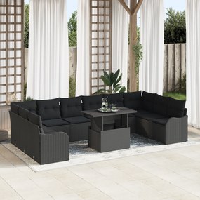 vidaXL 11 Τεμαχίων Σετ Καναπέ Κήπου με Μαξιλάρια Μαύρο Πολυ Ρατάν