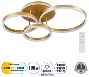 Φωτιστικό Οροφής Δαχτυλίδι Τετράφωτο LED CCT 100W 12100lm VENOM Globostar-61125-Χρυσό 61125