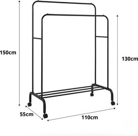 Διπλή Tροχήλατη Κρεμάστρα Δαπέδου 110x55x150cm με 1 Ράφι - Μαύρο