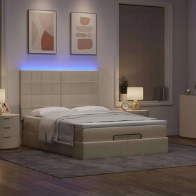 vidaXL Οθωμανικό κρεβάτι με στρώμα &amp; LEDs Cream 140x200 cm Ύφασμα