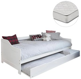 Καναπές-Κρεβάτι TRADDY με Συρόμενο Κρεβάτι και 2 Στρώματα Ξύλο Πεύκου Λευκό 90x190εκ 180x195x66 εκ.