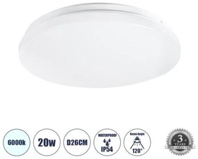 CELANO 61005 LED Πλαφονιέρα Οροφής Στρόγγυλη Φ26 20W 2000lm 120° AC 220-240V Αδιάβροχη IP54 Φ26 x Υ6cm Ψυχρό Λευκό Globostar 61005