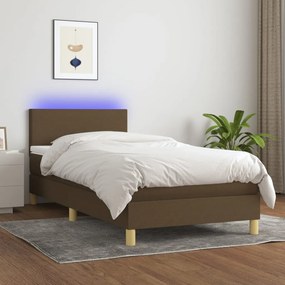 vidaXL Κρεβάτι Boxspring με Στρώμα &amp; LED Σκ.Καφέ 90x200 εκ. Υφασμάτινο