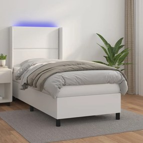 Κρεβάτι Boxspring με Στρώμα &amp; LED Λευκό 90x200 εκ. Συνθ. Δέρμα - Λευκό