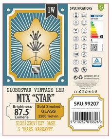 GloboStar® 99207 Λάμπα LED MTX Diode HP E27 S125 STAR Γλόμπος 1W 70lm 360° AC 220-240V IP20 Μ15 x Π6 x Υ16cm Ultra Θερμό Λευκό 2200K με Μελί Γυαλί - 3 Χρόνια Εγγύηση