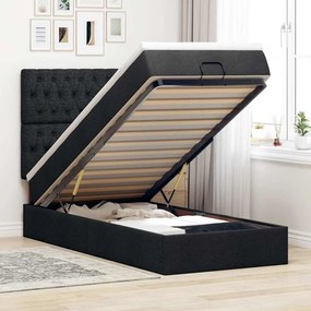 vidaXL Οθωμανικό κρεβάτι με στρώμα &amp; LEDs Μαύρο ύφασμα 90x190cm