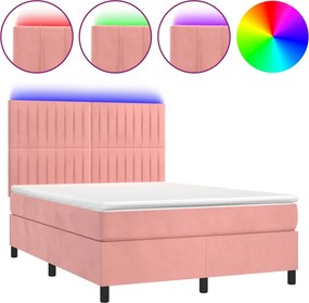 vidaXL Κρεβάτι Boxspring με Στρώμα &amp; LED Ροζ 140x200 εκ. Βελούδινο