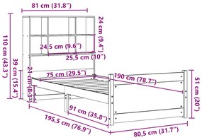 Κρεβάτι Βιβλιοθήκη Χωρίς Στρώμα 75x190 εκ Μασίφ Ξύλο Πεύκο - Καφέ