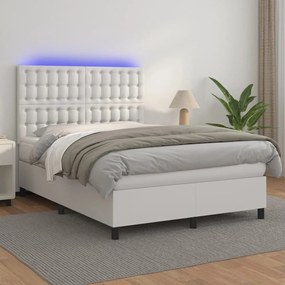 vidaXL Κρεβάτι Boxspring με Στρώμα & LED Λευκό 140x200 εκ. Συνθ. Δέρμα