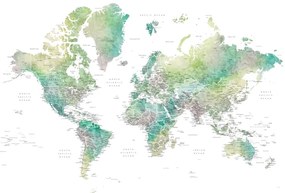 Χάρτης Watercolor world map with cities in muted green, Oriole, Blursbyai