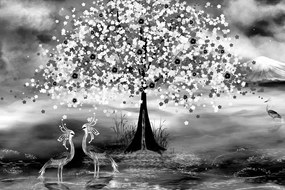 Εικόνα ενός ερωδιού κάτω από ένα μαγικό δέντρο σε ασπρόμαυρο - 120x80