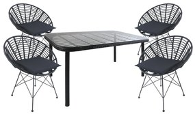 Σετ Τραπεζαρία Κήπου ArteLibre AMPLAS Μαύρο Μέταλλο/Rattan/Γυαλί Με 4 Καρέκλες 14990383-14990383