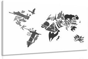 Εικόνα χάρτης του κόσμου με σύμβολα ηπείρων σε μαύρο & άσπρο - 120x80