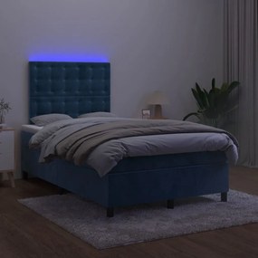 vidaXL Κρεβάτι Boxspring με Στρώμα &amp; LED Σκ. Μπλε 120x200εκ. Βελούδινο