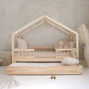 Κρεβάτι Παιδικό Montessori HouseBed Bello Plus με Αφαιρούμενα Κάγκελα 23cm  + Συρτάρι σε Φυσικό  Ξύλο  100×200cm  Luletto (Δώρο 10% έκπτωση στο Στρώμα)