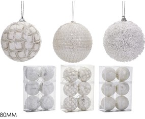 Χριστουγεννιάτικη Μπάλα Λευκό 80mm Σετ 6Τμχ Σε 3 Σχέδια