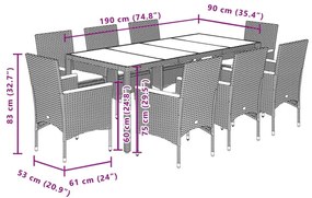 Σετ Τραπεζαρίας Κήπου 9 τεμ. Μπεζ Συνθ.Ρατάν/Γυαλί με Μαξιλάρια - Μπεζ