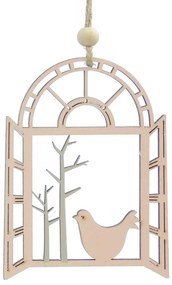 Χριστουγεννιάτικο Ξύλινο Στολίδι Παράθυρο με Πουλάκι 9.3cm 12110