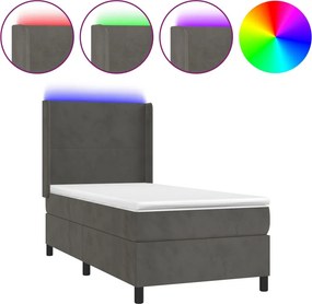 vidaXL Κρεβάτι Boxspring με Στρώμα &amp; LED Σκ. Γκρι 100x200εκ. Βελούδινο