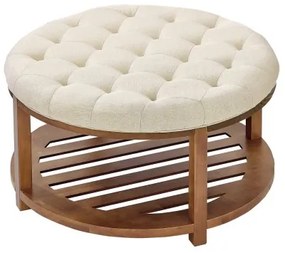 VEVOE Large Round Ottoman Coffee Table, 81 cm Tufted Coffee Table with Solid Wood Shelf Storage, Linen Solid Upholstered Footrest Ottoman for Bedroom Living Room, 350 LBS, Linen Color