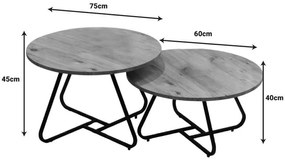 Τραπέζια σαλονιού Symeli σετ 2τεμ μαύρο μέταλλο και μελαμίνη σε φυσική απόχρωση 60x75x45εκ 76x76x49 εκ.