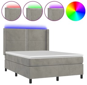 Κρεβάτι Boxspring με Στρώμα&amp;LED Αν. Γκρι 140x190 εκ. Βελούδινο - Γκρι