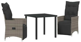 vidaXL Σέτ φαγητού για κήπο με μαξιλάρι 3 pcs Γκρι Πολυ ράταν