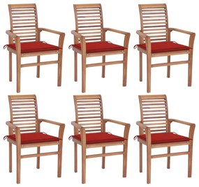 Καρέκλες Τραπεζαρίας 6 τεμ. Μασίφ Ξύλο Teak &amp; Κόκκινα Μαξιλάρια - Κόκκινο