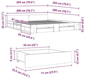 Πλαίσιο Κρεβατιού με συρτάρια Γκρι sonoma 200x200εκ. Επεξ. Ξύλο - Γκρι