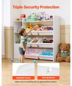 VEVOR 4-Tier Kids Toy Storage and Bookshelf with 8 Flexible Plastic Bins White