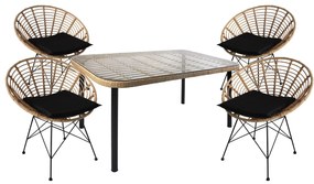 Σετ Τραπεζαρία Κήπου AMPLAS Φυσικό/Μαύρο Μέταλλο/Rattan/Γυαλί Με 4 Καρέκλες 14990308
