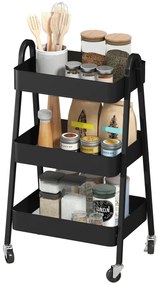 HOMCOM Τροχήλατο καρότσι σερβιρίσματος 3 επιπέδων, καρότσι κουζίνας με ροδάκια, λαβή, καρότσι με φρένο για κουζίνα, γραφείο, μπάνιο, μαύρο