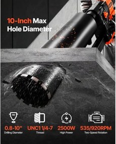 VEVOR Diamond Core Drill Machine Concrete Core Drill Rig with Stand 10 in 2500W