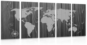 Εικόνα 5 τμημάτων ασπρόμαυρος χάρτης με πυξίδα σε ξύλο - 100x50
